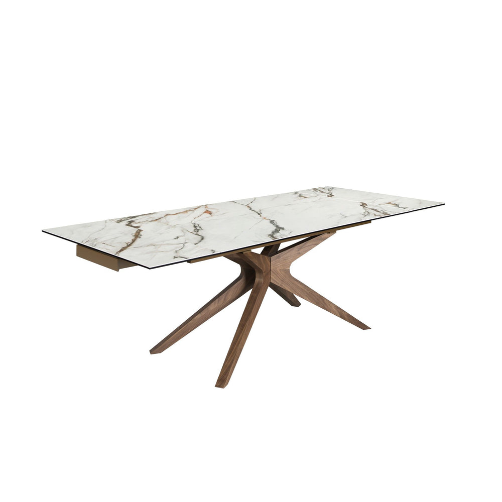 Rectangular extendable dining table in porcelain marble and walnut