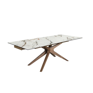 Rectangular extendable dining table in porcelain marble and walnut
