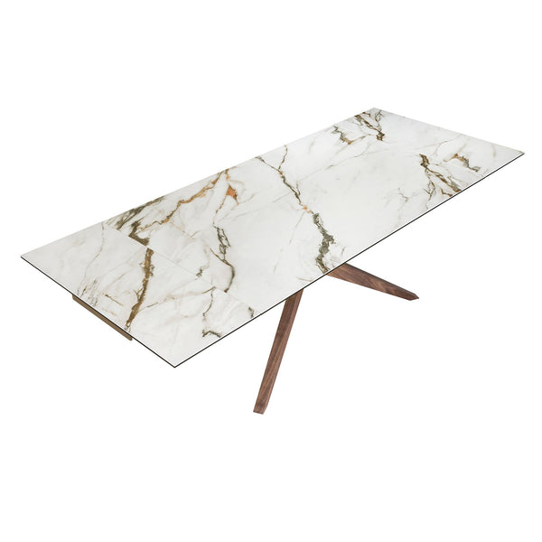 Rectangular extendable dining table in porcelain marble and walnut