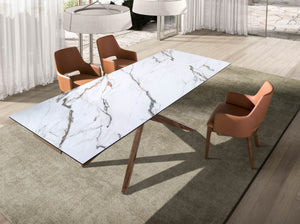 Rectangular extendable dining table in porcelain marble and walnut