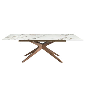 Rectangular extendable dining table in porcelain marble and walnut