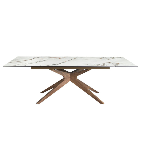 Rectangular extendable dining table in porcelain marble and walnut
