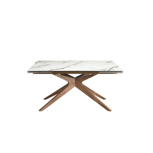 Rectangular extendable dining table in porcelain marble and walnut