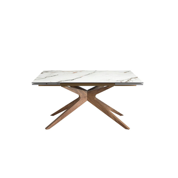 Rectangular extendable dining table in porcelain marble and walnut