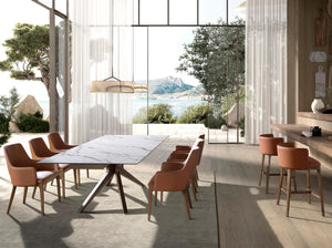 Rectangular extendable dining table in porcelain marble and walnut