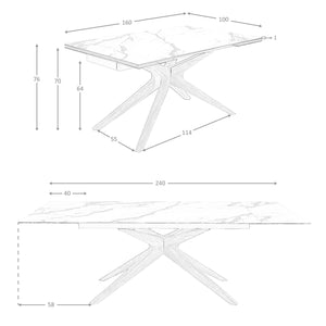 Rectangular extendable dining table in porcelain marble and walnut
