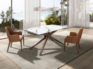 Rectangular extendable dining table in porcelain marble and walnut