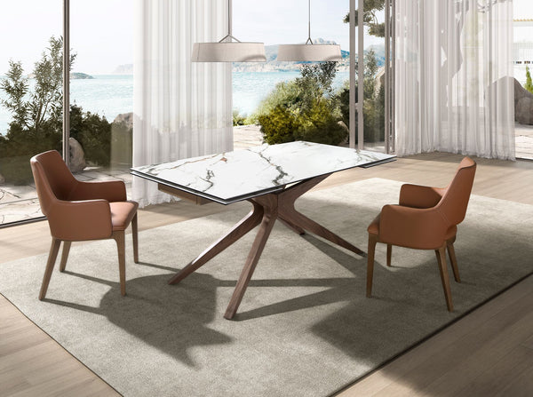 Rectangular extendable dining table in porcelain marble and walnut