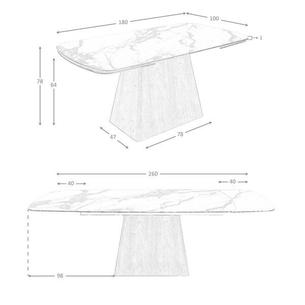 Rectangular extendable dining table in porcelain marble and walnut wood