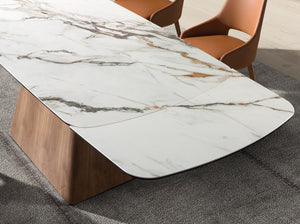Rectangular extendable dining table in porcelain marble and walnut wood