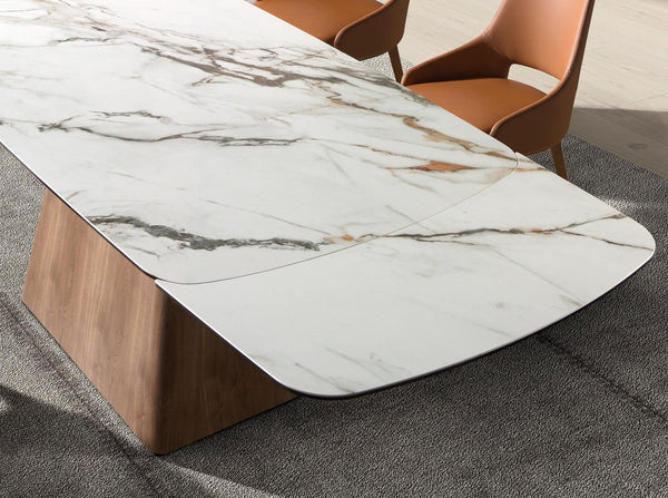 Rectangular extendable dining table in porcelain marble and walnut wood