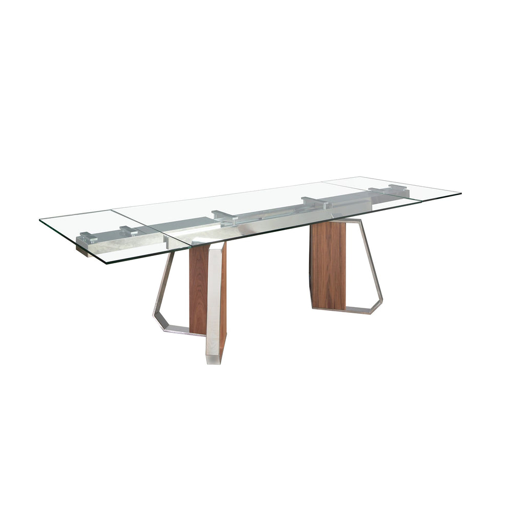 Extendable rectangular dining table in tempered glass, walnut and chromed steel