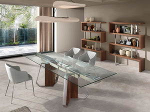 Extendable rectangular dining table in tempered glass, walnut and chromed steel