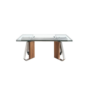 Extendable rectangular dining table in tempered glass, walnut and chromed steel