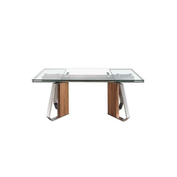 Extendable rectangular dining table in tempered glass, walnut and chromed steel