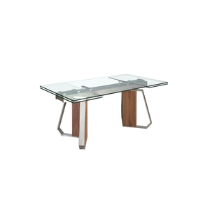 Extendable rectangular dining table in tempered glass, walnut and chromed steel