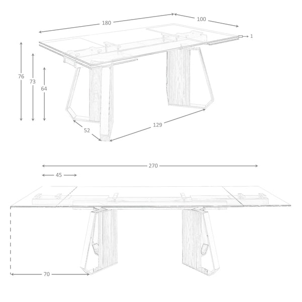 Extendable rectangular dining table in tempered glass, walnut and chromed steel