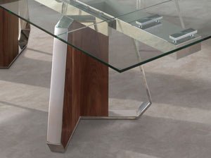 Extendable rectangular dining table in tempered glass, walnut and chromed steel