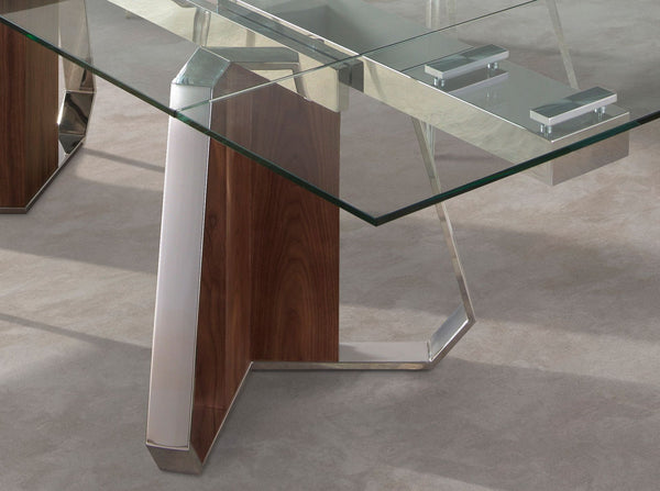 Extendable rectangular dining table in tempered glass, walnut and chromed steel