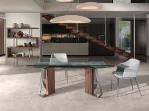 Extendable rectangular dining table in tempered glass, walnut and chromed steel