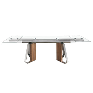 Extendable rectangular dining table in tempered glass, walnut and chromed steel