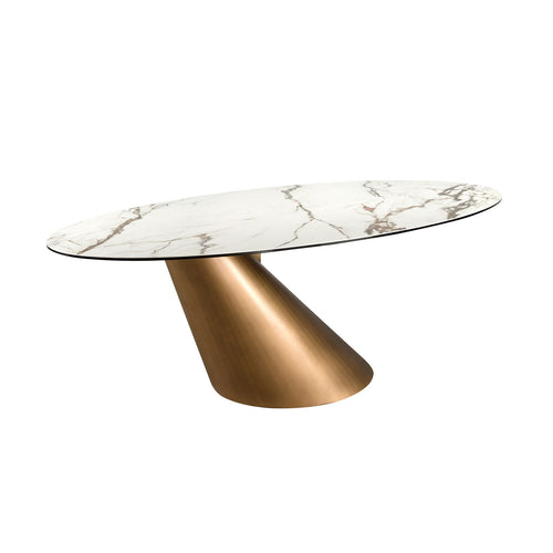 Extendable oval dining table with porcelain marble and bronzed steel barrel