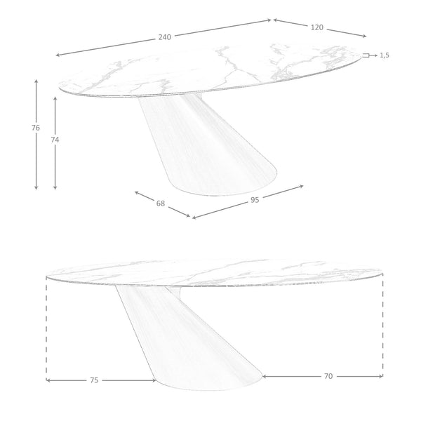 Extendable oval dining table with porcelain marble and bronzed steel barrel