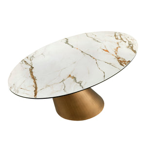 Extendable oval dining table with porcelain marble and bronzed steel barrel