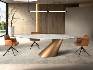 Extendable oval dining table with porcelain marble and bronzed steel barrel