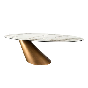 Extendable oval dining table with porcelain marble and bronzed steel barrel