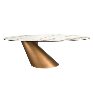 Extendable oval dining table with porcelain marble and bronzed steel barrel