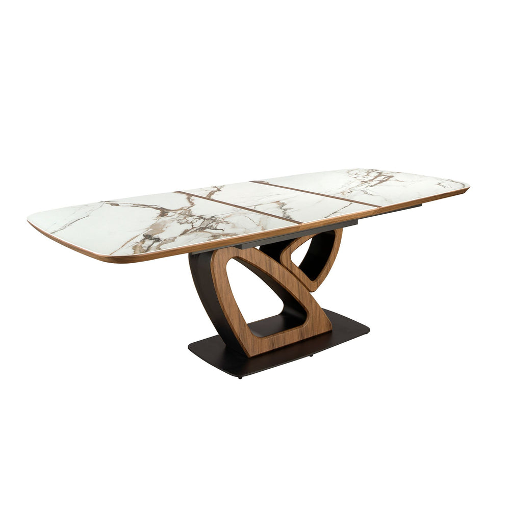 Extendable oval dining table with porcelain marble and walnut barrel