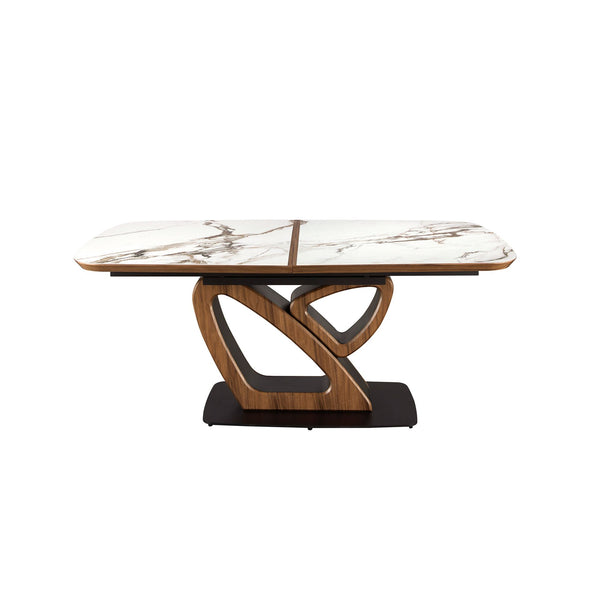 Extendable oval dining table with porcelain marble and walnut barrel