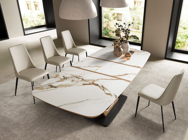 Extendable oval dining table with porcelain marble and walnut barrel