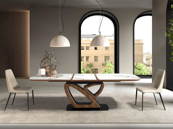 Extendable oval dining table with porcelain marble and walnut barrel