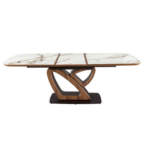 Extendable oval dining table with porcelain marble and walnut barrel