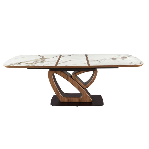 Extendable oval dining table with porcelain marble and walnut barrel