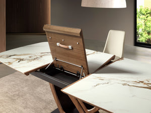 Extendable oval dining table with porcelain marble and walnut barrel
