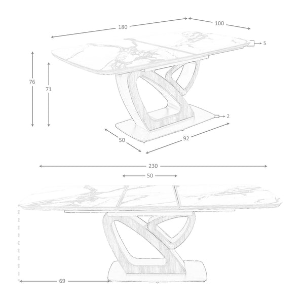 Extendable oval dining table with porcelain marble and walnut barrel