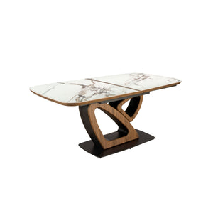 Extendable oval dining table with porcelain marble and walnut barrel