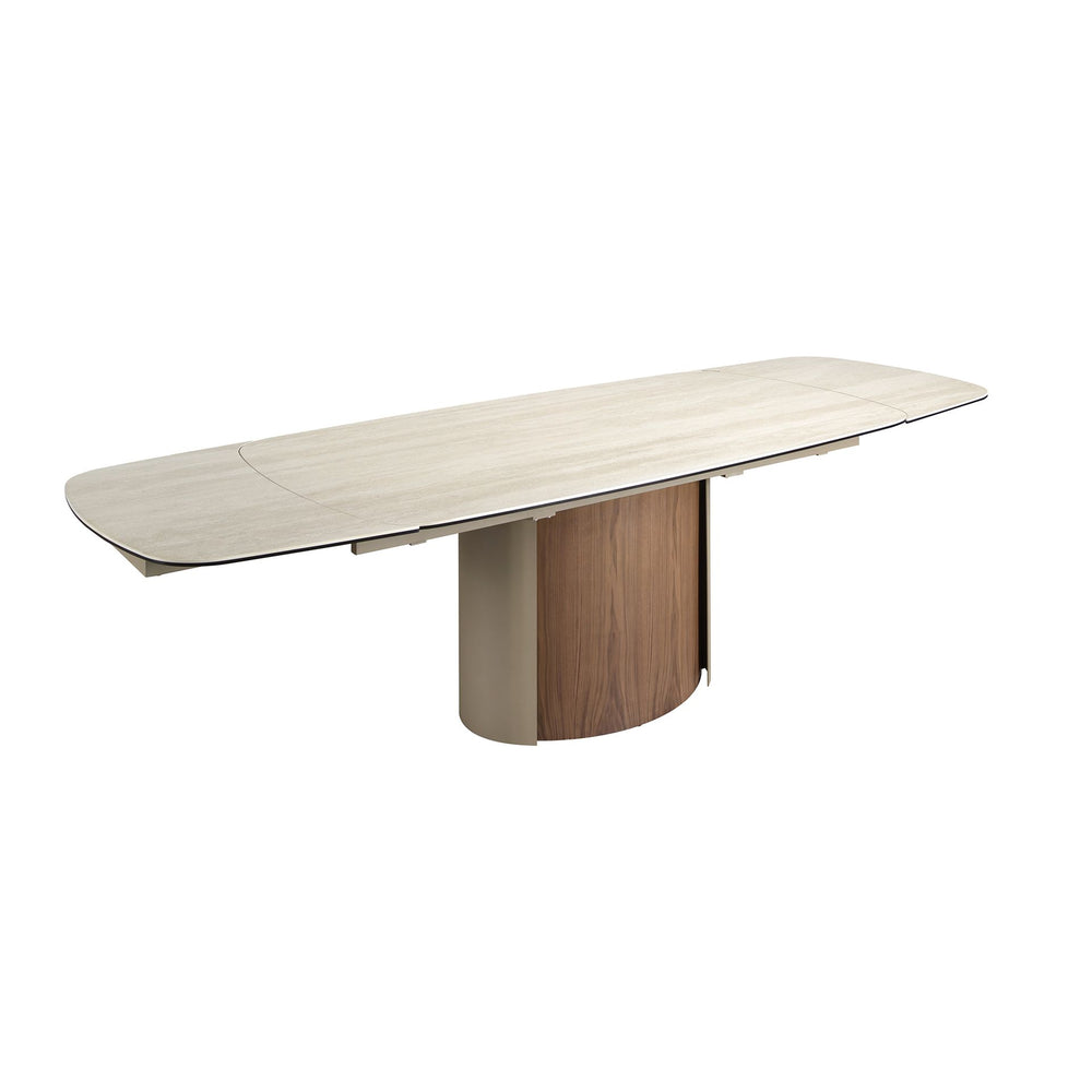 Extendable rectangular dining table in porcelain marble, metallic sand steel and walnut