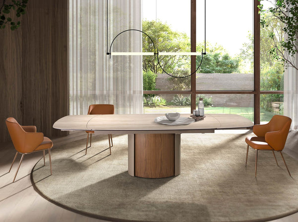 Extendable rectangular dining table in porcelain marble, metallic sand steel and walnut