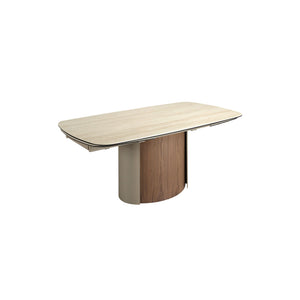 Extendable rectangular dining table in porcelain marble, metallic sand steel and walnut