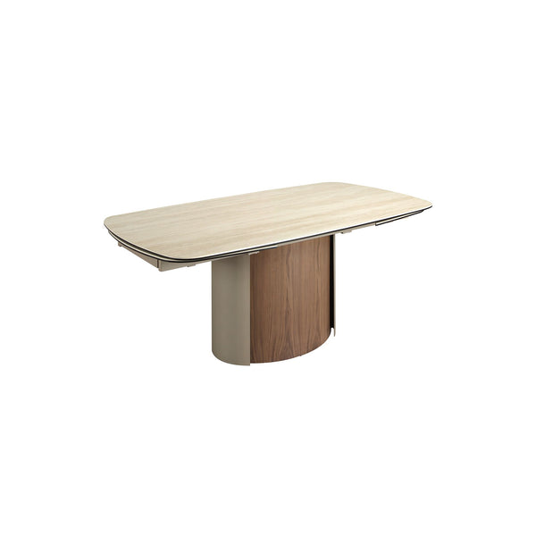 Extendable rectangular dining table in porcelain marble, metallic sand steel and walnut