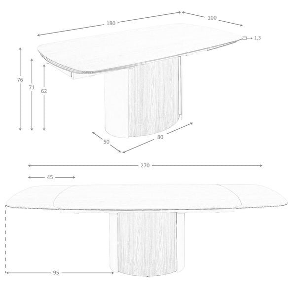 Extendable rectangular dining table in porcelain marble, metallic sand steel and walnut