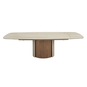 Extendable rectangular dining table in porcelain marble, metallic sand steel and walnut