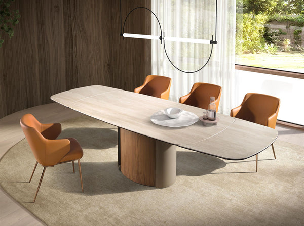 Extendable rectangular dining table in porcelain marble, metallic sand steel and walnut