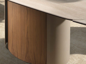 Extendable rectangular dining table in porcelain marble, metallic sand steel and walnut