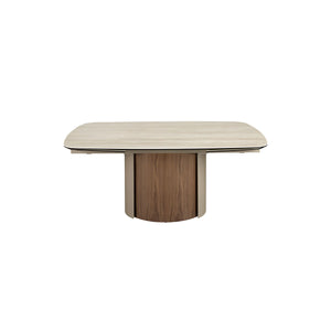 Extendable rectangular dining table in porcelain marble, metallic sand steel and walnut