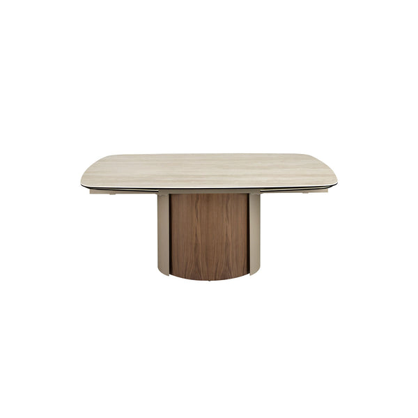 Extendable rectangular dining table in porcelain marble, metallic sand steel and walnut